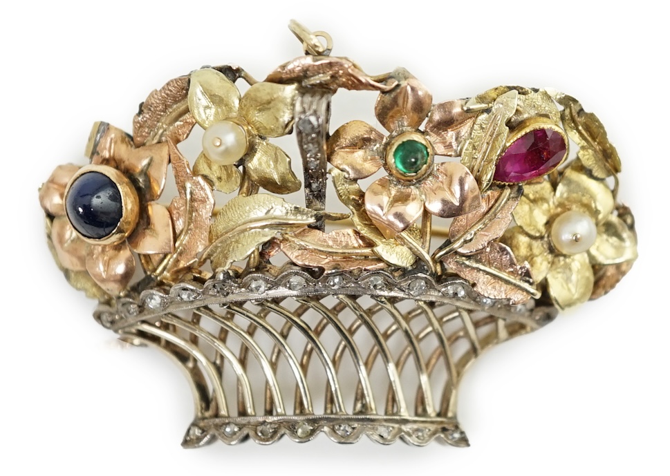 A late 19th century Continental two colour gold, silver, diamond, sapphire, ruby, emerald and pearl set giardinetto pendant brooch
